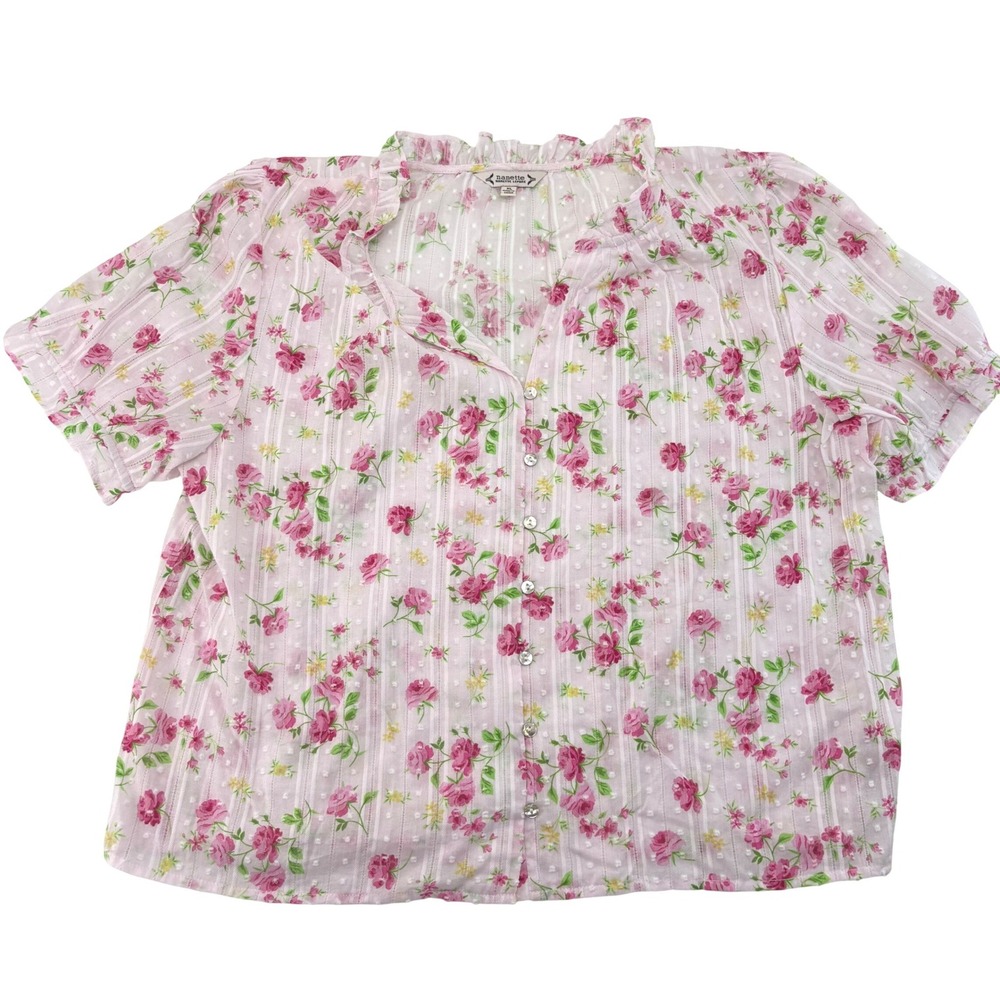 Nanette Lepore Pink Floral Swiss Dot Cotton Ruffle Blouse XL Short Sleeve Top